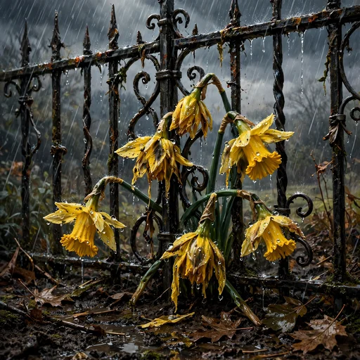 Rain-soaked yellow daffodils crushed against an old iron garden gate in heavy rain, sad WhatsApp DP