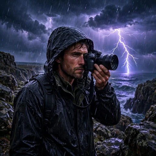 Storm photographer capturing a lightning bolt over the sea at night, boys WhatsApp DP