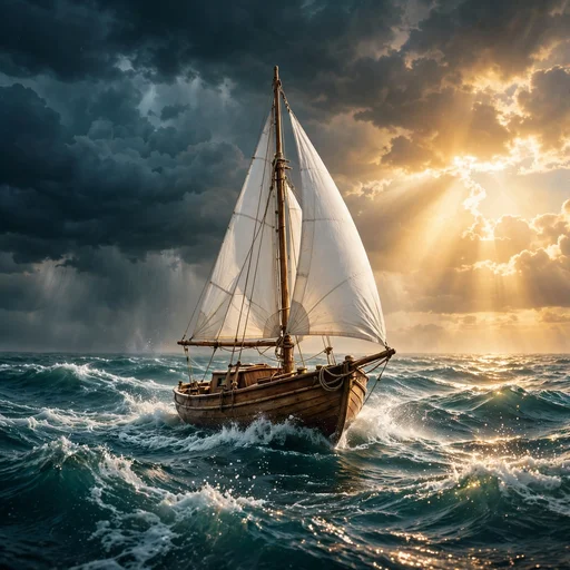 Sailboat with white sails sailing out of a dark storm into golden sunlight, motivational DP