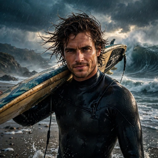 fictional adult man surfer carrying board on shoulder at a stormy beach attitude dp