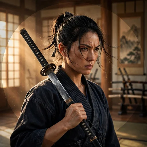 Strong fictional woman holding a katana in a traditional dojo