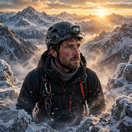 mountain climber standing on icy summit at sunrise boys dp