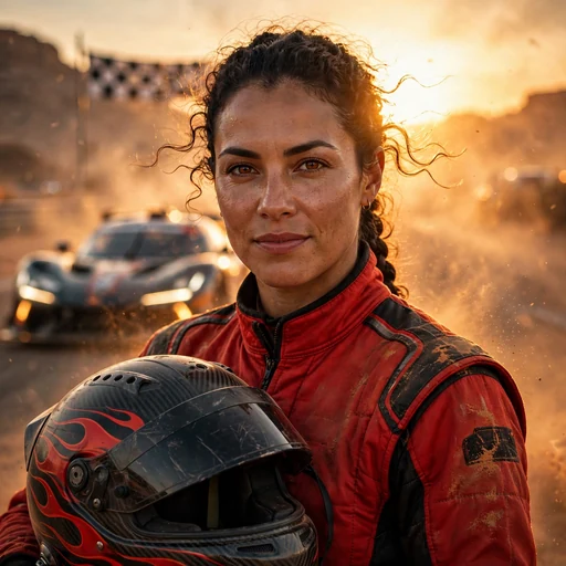 fictional adult woman race driver in red suit with helmet at sunset desert circuit attitude dp