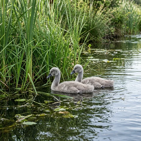 Two gray swan cygnets float together beside gentle green reeds