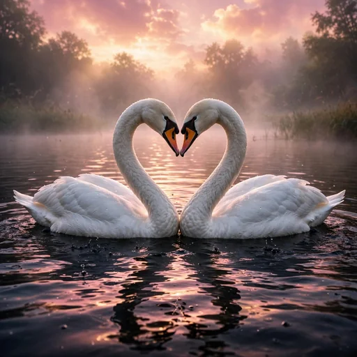 Two swans with necks forming a heart on a misty lake at dawn, friendship DP