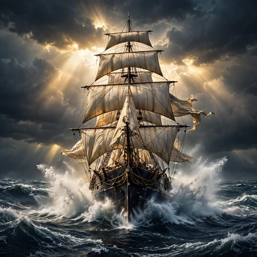 tall ship with full sails charging through stormy waves motivational dp