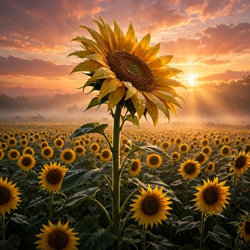 towering sunflower above a sunflower field at sunrise, motivational wallpaper