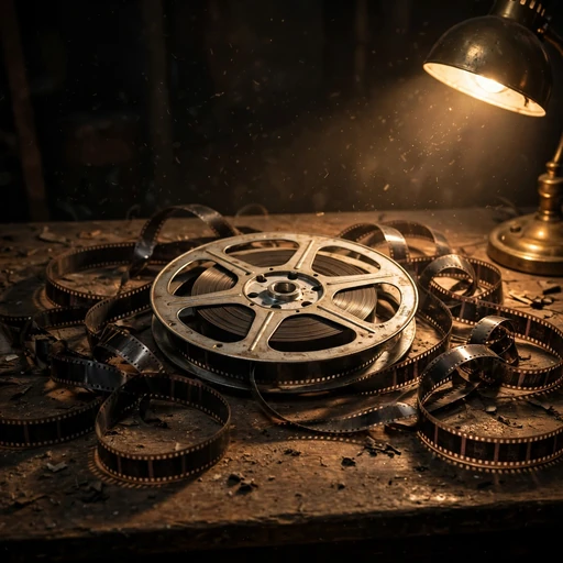 Vintage film reel with tangled celluloid in a dark studio, melancholic profile picture