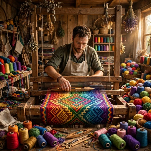 Weaver at a Rainbow Tapestry Loom