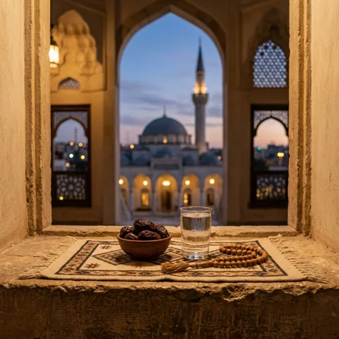 Prayer beads lie beside a small bowl of dates and a glass of water at dusk