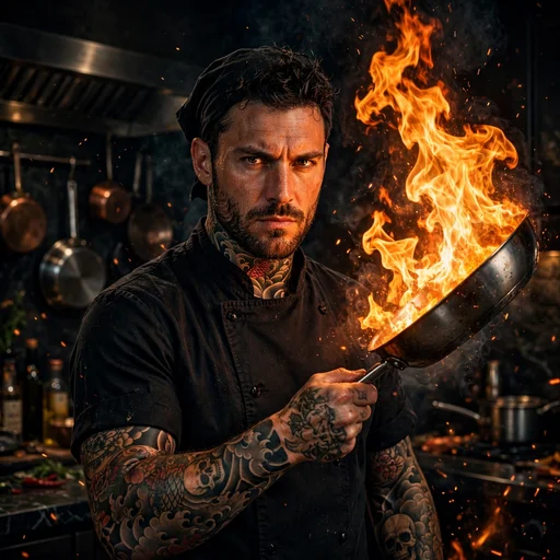 tattooed chef flambeing pan in dark kitchen attitude dp
