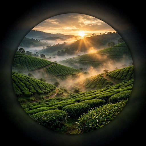 Misty tea plantation hills at sunrise, nature DP
