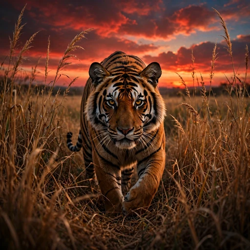 Bengal tiger prowling through golden grass under crimson dusk sky, square nature WhatsApp DP
