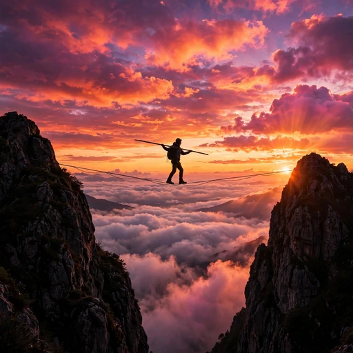tightrope walker balancing between mountain peaks at sunset motivational dp