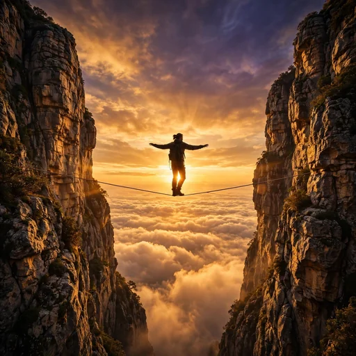 tightrope walker balancing between cliffs above golden clouds at sunset, motivational wallpaper