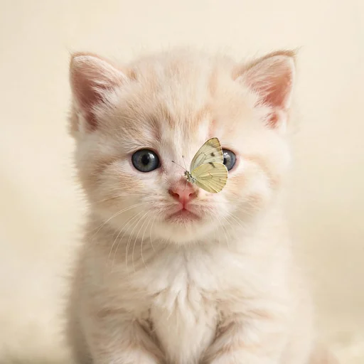 Tiny fluffy kitten with a delicate butterfly perched on its nose
