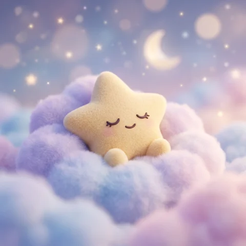 A soft 3D sleepy star nestles into a puffy cloud under a pastel night sky