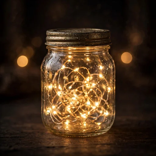 Tiny warm fairy lights glowing inside a clear glass jar in a dark room