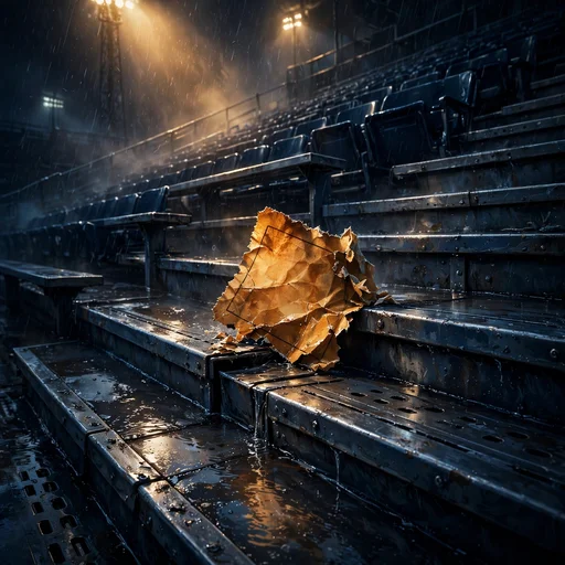 Torn admission ticket caught on rain-wet empty stadium bleachers at night under dim floodlights, sad WhatsApp DP