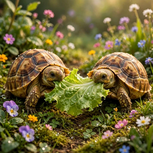 Two tortoises sharing a giant lettuce leaf in a morning garden, friendship WhatsApp DP
