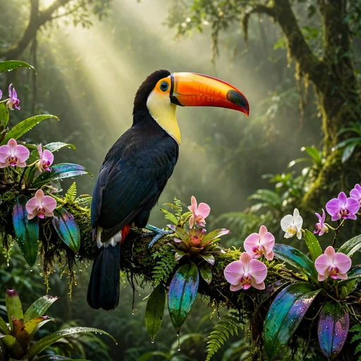 Toucan on orchid branch in a misty cloud forest with light rays, nature display photo