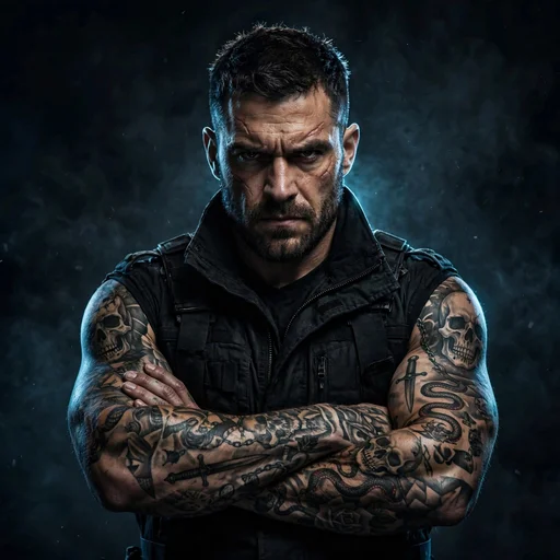 Tough fictional man with a tattoo sleeve and crossed arms in a dark studio with rim lighting