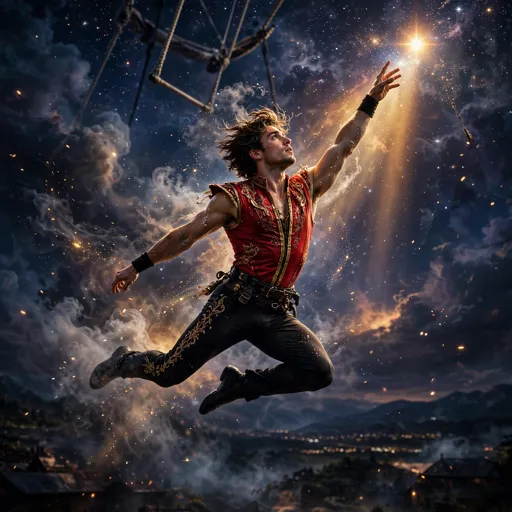 Trapeze artist mid-flight reaching toward a starry night sky, square motivational profile picture