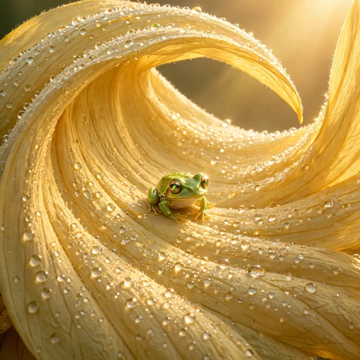 tiny bright-green tree frog with jewel-like eyes resting on a giant sunflower petal covered in sparkling morning dew drops. cute dp