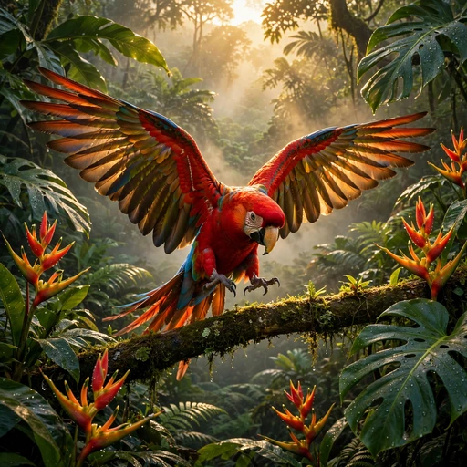 scarlet macaw in tropical canopy nature dp