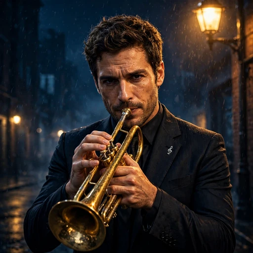 fictional adult man jazz trumpeter under a streetlamp at midnight attitude dp