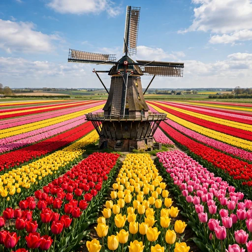 stripes of colorful tulips around dutch windmill nature dp