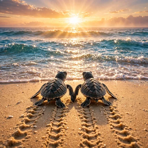 Two baby sea turtles heading to the ocean at sunrise, friendship DP
