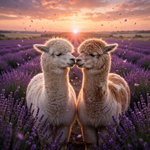 Two alpacas touching heads in a lavender field at sunset, cute friendship WhatsApp DP
