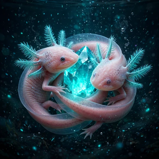 Two axolotls wrapped around a glowing turquoise crystal in a dark pond
