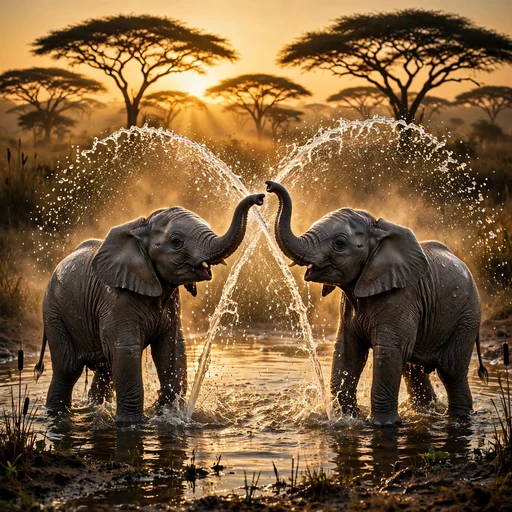 Two baby elephants spraying water at each other at a savanna watering hole at sunrise