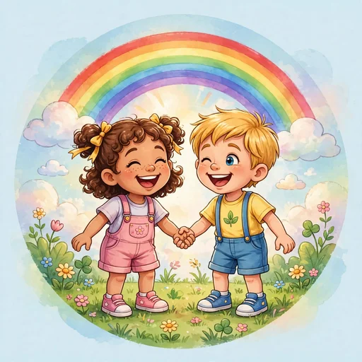 Two cheerful cartoon children holding hands and laughing under a bright rainbow
