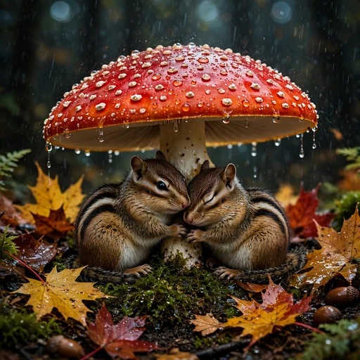 Two chipmunks sheltering under a red toadstool mushroom in autumn rain