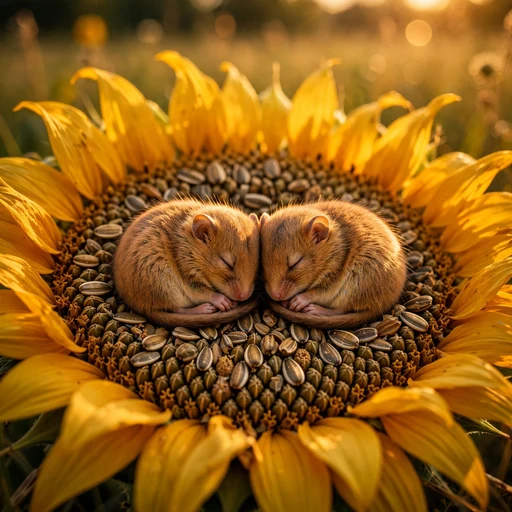Two dormice sleeping together inside a giant sunflower head at golden hour