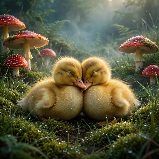 Two golden ducklings snuggling among red mushrooms in a dewy misty meadow, cute friendship WhatsApp DP
