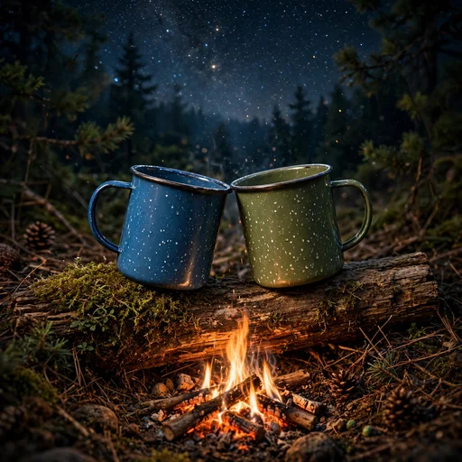 Two enamel camping mugs clinking together beside a crackling campfire under a starry night sky