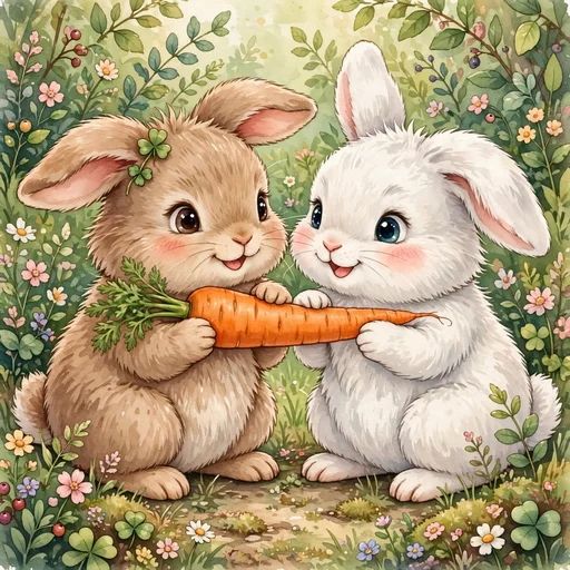 Two fluffy rabbits sharing a single long carrot