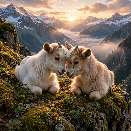 Two baby goats headbutting playfully on a mossy alpine cliff at sunrise, cute friendship WhatsApp DP