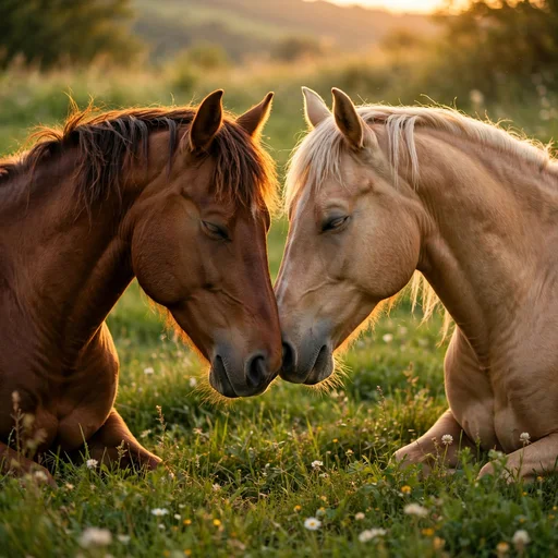 Two horses gently nuzzling each other in a green meadow at golden hour