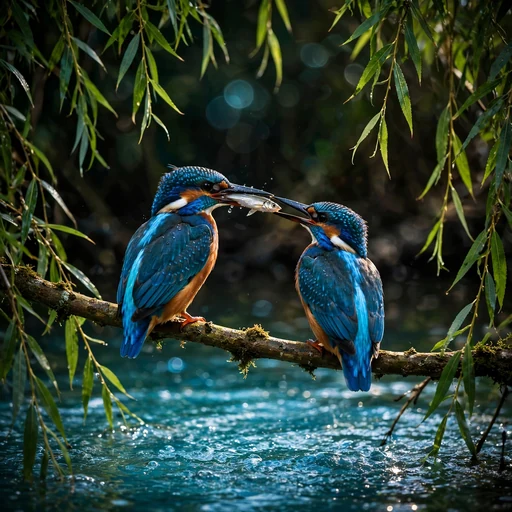 Two blue kingfishers sharing a silvery fish on a branch above turquoise water