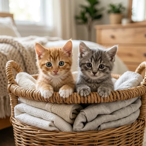 Two small kittens peek over the rim of a basket of folded towels