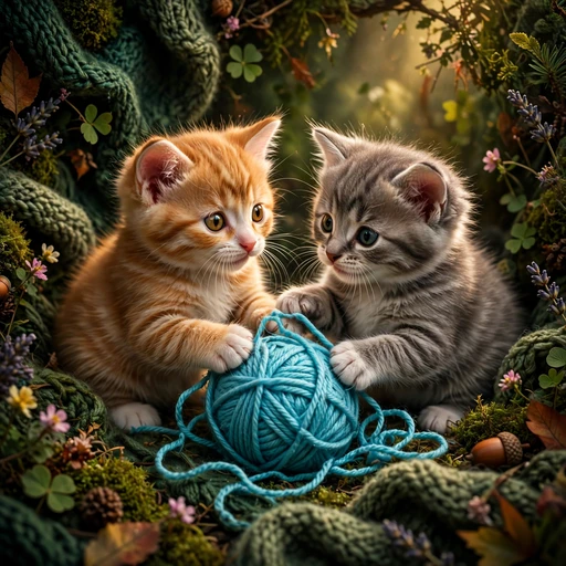 Two kittens yarn ball profile picture — original AI artwork for WhatsApp DP