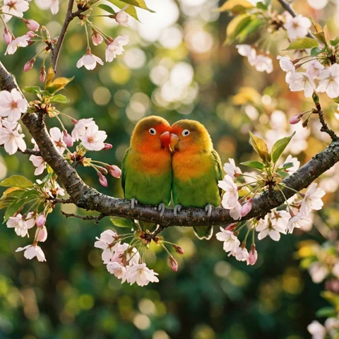 Two small lovebirds nestle side by side on a flowering branch