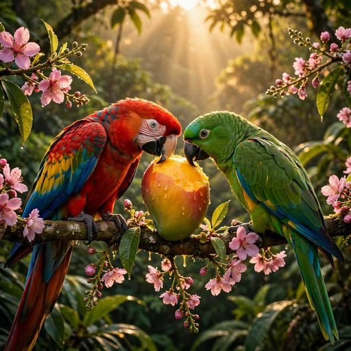 Two parrots sharing mango profile picture — original AI artwork for WhatsApp DP