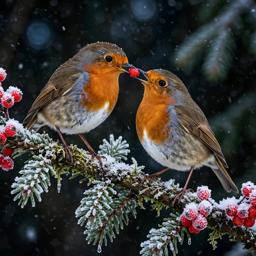 Two robins sharing a red winter berry on a snowy pine branch
