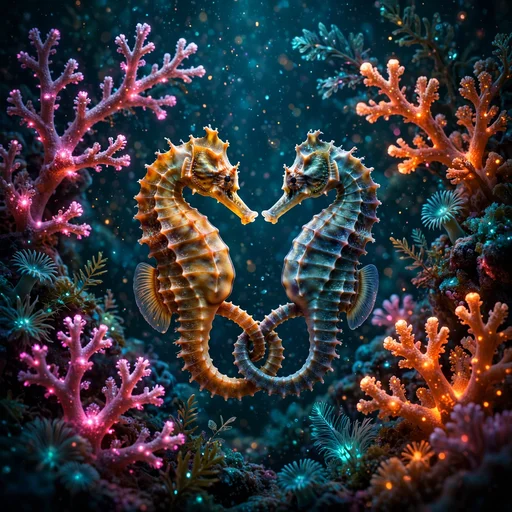 Two seahorses with tails entwined in a glowing coral reef, friendship WhatsApp DP